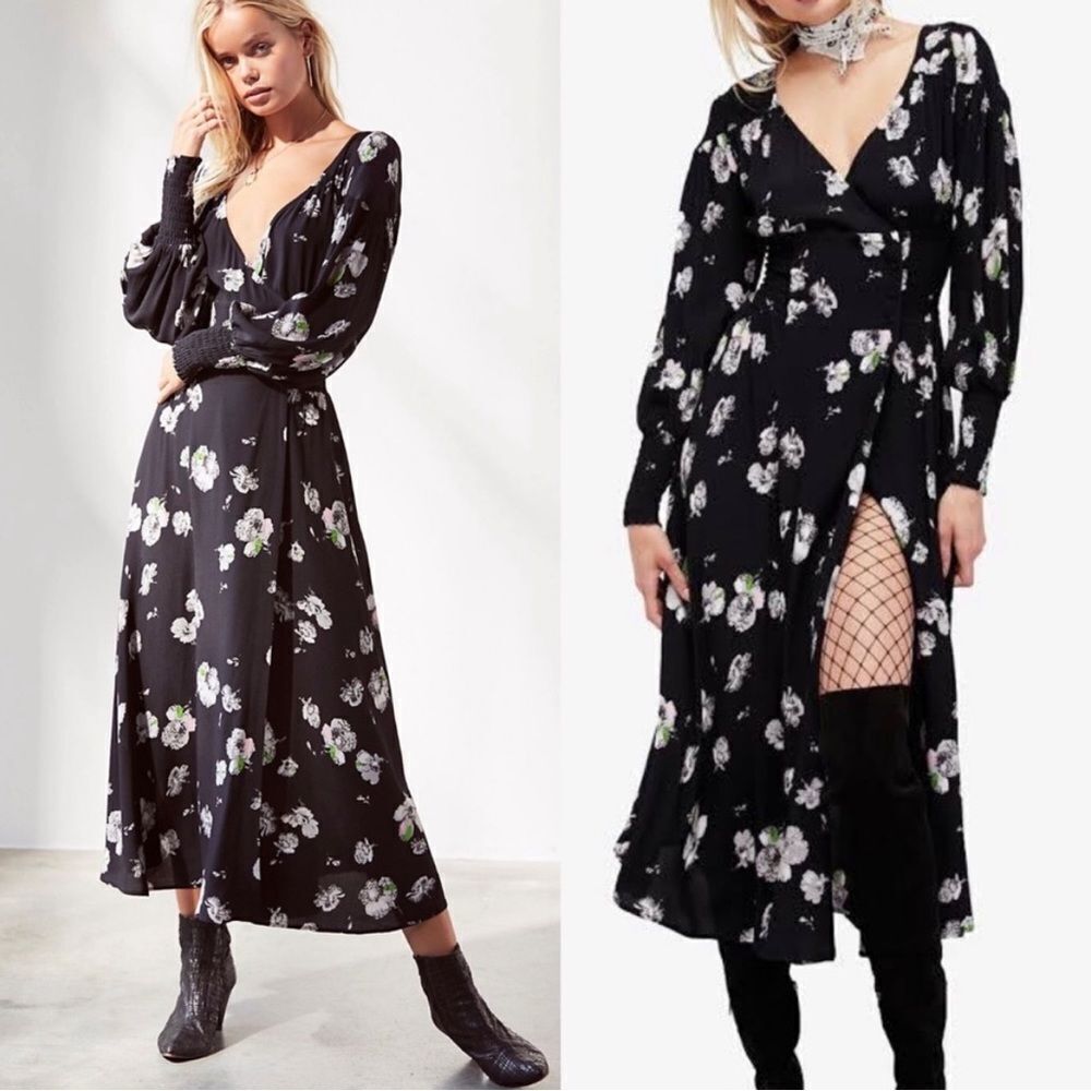Free People So Sweet Midi Dress Size Medium Black Floral Long‎ Sleeve